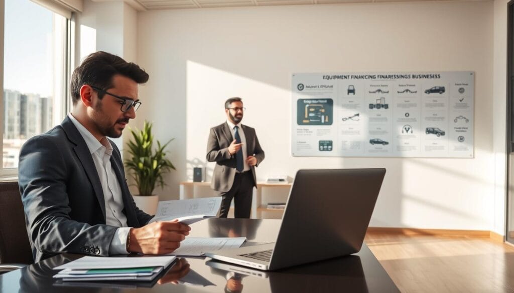 A professional, clean-lined business office with natural light streaming through large windows. In the foreground, a businessman is reviewing loan paperwork at his desk, a laptop and calculator at the ready. In the middle ground, a financial advisor gestures while explaining options to a client. In the background, a wall display showcases the equipment financing process through a series of infographic illustrations. The lighting is warm and inviting, creating a sense of professionalism and efficiency. The overall scene conveys the streamlined, consultative nature of modern equipment financing for businesses.