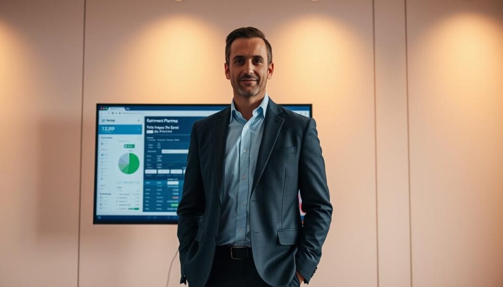 A professional financial planner standing in a modern, minimalist office, showcasing the TCRP retirement planning software on a large monitor. The planner has a confident and knowledgeable expression, dressed in a crisp suit. Warm, directional lighting illuminates the scene, casting subtle shadows and highlighting the details of the software interface. The background features clean, geometric lines and neutral tones, creating a sense of focus and professionalism. The overall atmosphere conveys the power and precision of the TCRP tool in guiding individuals towards a secure retirement.