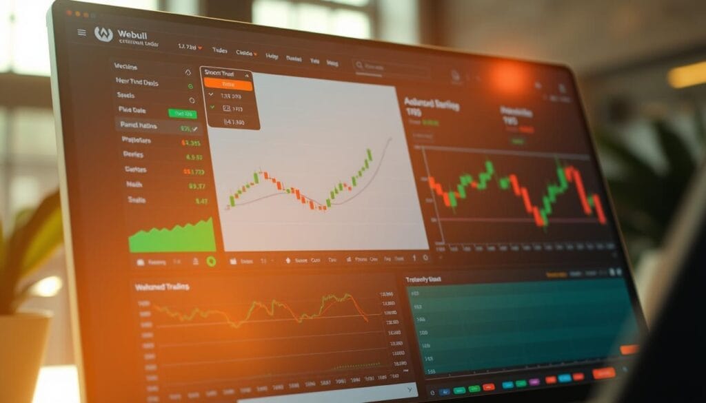A professional, high-resolution, cinematic image of the Webull trading platform. A close-up view of the platform's intuitive user interface, with clean and organized layout, featuring real-time stock data, advanced charting tools, and a customizable watchlist. The scene is bathed in warm, natural lighting, creating a calm and focused atmosphere, conveying the platform's sophisticated functionality and empowering traders to make informed decisions. The background is slightly blurred, gently guiding the viewer's attention to the platform's core features. The image showcases Webull's commitment to delivering a cutting-edge trading experience for active and experienced investors.