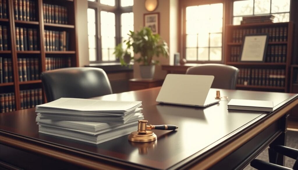 A professional legal office interior, illuminated by soft natural light filtering through large windows. On the desk, a stack of legal documents, a laptop, and a brass desk set including a pen holder and magnifying glass. Behind the desk, bookshelves line the walls, filled with leather-bound legal tomes. A potted plant and a framed diploma add subtle decorative touches. The atmosphere conveys a sense of authority, expertise, and discretion - the ideal setting for discussing sensitive estate planning matters.