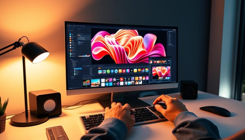 A professional-looking workstation setup with a modern desktop computer, a high-resolution widescreen monitor, and a minimalist, ergonomic keyboard and mouse. The desk is sleek and clean, with a stylish lamp providing warm, focused lighting. In the foreground, a person's hands are actively creating digital content on the computer, with various creative software windows open. Behind them, a large, vibrant, abstract digital artwork is displayed on the monitor, hinting at the creative potential of online digital products. The overall atmosphere conveys a sense of productivity, innovation, and the rewarding process of digital product creation.
