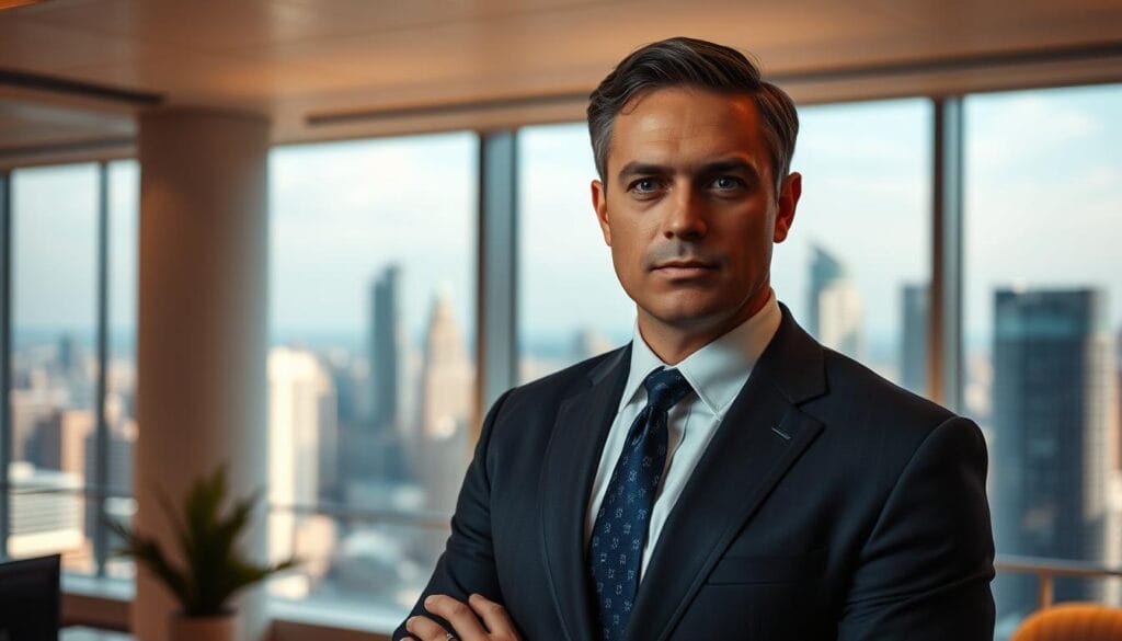 A professional real estate agent standing confidently in a modern office, dressed in a sharp suit and tie. The agent's face is in focus, conveying a serious yet approachable demeanor. In the background, a panoramic window showcases a bustling city skyline, symbolizing the agent's expertise in navigating the complex real estate market. Warm, directional lighting casts subtle shadows, creating depth and emphasizing the agent's authoritative presence. The scene is captured with a shallow depth of field, keeping the focus on the real estate professional and their status as a trusted advisor.