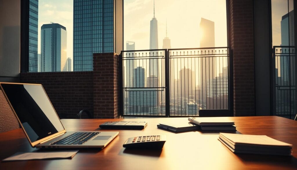 A professional, secure business line of credit facility. In the foreground, a modern office desk with a laptop, calculator, and a stack of documents, conveying a sense of financial activity. In the middle ground, a brick wall with a metal gate, symbolizing the security and protection of the business's financial resources. The background features a cityscape with towering skyscrapers, suggesting the corporate landscape in which the line of credit operates. Warm, directional lighting casts subtle shadows, creating a sense of depth and solidity. The overall mood is one of confidence, reliability, and financial stability. A professional, secure business line of credit facility. In the foreground, a modern office desk with a laptop, calculator, and a stack of documents, conveying a sense of financial activity. In the middle ground, a brick wall with a metal gate, symbolizing the security and protection of the business's financial resources. The background features a cityscape with towering skyscrapers, suggesting the corporate landscape in which the line of credit operates. Warm, directional lighting casts subtle shadows, creating a sense of depth and solidity. The overall mood is one of confidence, reliability, and financial stability.