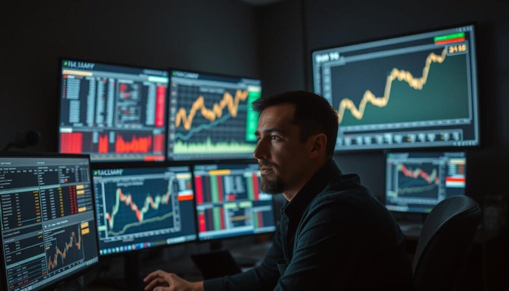 A professional trader sits at a desk, surrounded by screens displaying complex financial data and AI-powered trading algorithms. The room is dimly lit, creating a pensive atmosphere. The trader's face is illuminated by the glow of the screens, their expression contemplative as they analyze the limitations of AI in trading. In the background, a muted chart projects the volatility and unpredictability of the market, a stark reminder of the inherent challenges in relying solely on AI for financial decision-making. The scene conveys the delicate balance between human intuition and technological capability in the pursuit of consistent trading success.