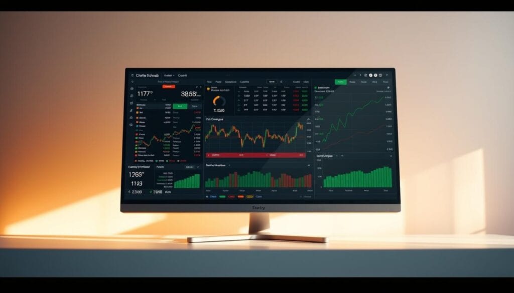 A professional trading platform interface set against a clean, minimalist backdrop. The screen displays real-time stock data, charting tools, and intuitive trading controls in a sleek, user-friendly design. Warm, natural lighting casts a soft glow, creating a sense of trust and reliability. The platform's branding is subtly integrated, highlighting the Charles Schwab name as a hallmark of financial expertise. The overall composition conveys a powerful yet approachable experience, inviting the user to confidently navigate the markets.