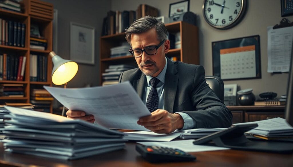 A professional, well-lit photograph of a businessman reviewing tax documents and financial reports at a wooden desk, surrounded by a cluttered but organized office environment. The lighting is warm and focused, creating a sense of concentration and attention to detail. The background features a bookshelf with accounting textbooks and a calendar on the wall, indicating the time of year. The composition emphasizes the subject's contemplative expression, with a stack of papers and a calculator in the foreground, capturing the essence of year-end tax planning strategies for real estate investors.