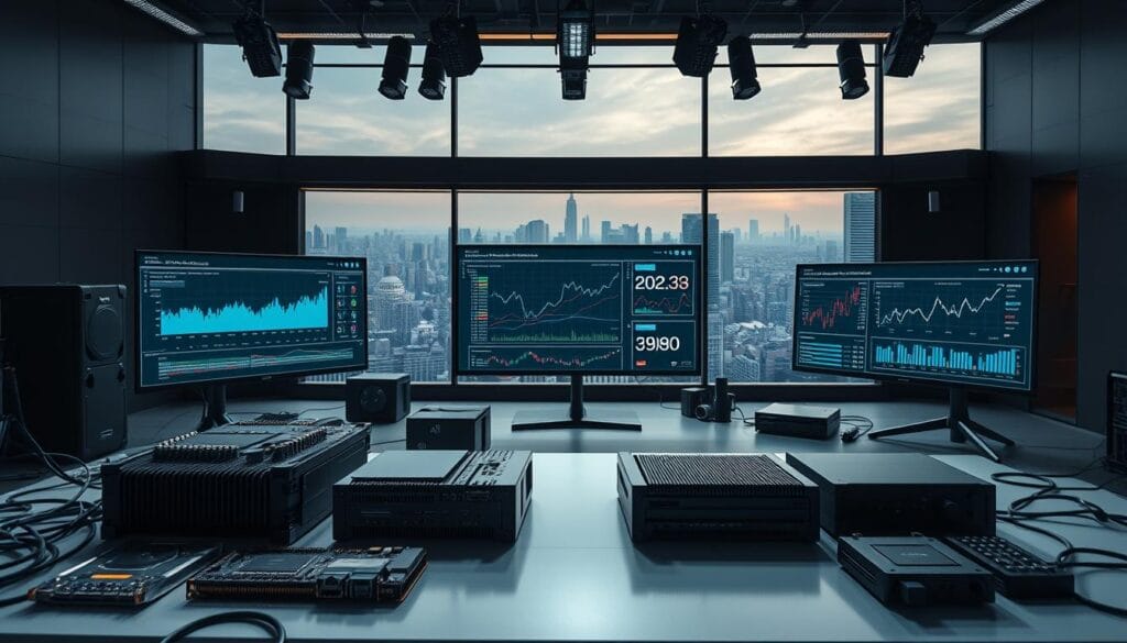A professional, well-lit studio setting featuring an array of advanced AI tools for financial forecasting. In the foreground, an array of cutting-edge devices and sensors, including neural network processors, FPGA boards, and high-performance GPUs. In the middle ground, sleek dashboards displaying predictive analytics models, time-series data visualizations, and machine learning algorithms. The background showcases a panoramic view of a futuristic cityscape, hinting at the urban landscape these AI tools will empower. The overall mood is one of technological sophistication, empowering financial professionals to harness the power of AI for accurate trend predictions.