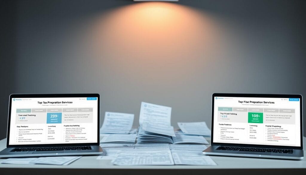 A professional yet inviting comparison of top tax preparation services, showcased in a sleek and well-organized manner. In the foreground, three laptop screens display detailed side-by-side insights into the key features, pricing, and customer ratings of the leading tax filing options. The middle ground features an array of financial documents, neatly arranged, conveying the complexity and importance of the topic. The background is a soft, muted palette of greys and blues, creating a sense of trust and reliability. Subtle lighting from above casts a warm glow, guiding the viewer's eye through the visual hierarchy. The overall composition is balanced, clean, and designed to inform and assist the reader in making an informed decision about their tax preparation needs.