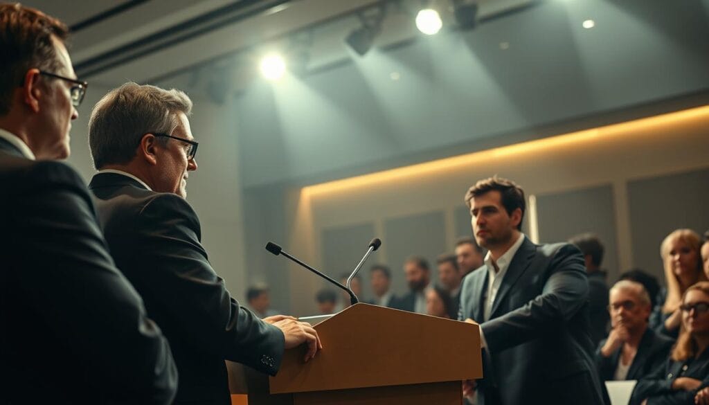 A room filled with tech leaders, standing at a podium, addressing a crowd of attentive audiences. Bright spotlights illuminate their faces, casting dramatic shadows that accentuate their expressions of determination and focus. The background is a sleek, modern conference center with minimalist decor, hinting at the innovative spirit of the event. The leaders' body language conveys a sense of authority and conviction as they discuss contactless payment trends and the challenges the industry faces. The atmosphere is charged with a sense of purpose, as the leaders propose solutions and strategies to shape the future of the fintech landscape. A room filled with tech leaders, standing at a podium, addressing a crowd of attentive audiences. Bright spotlights illuminate their faces, casting dramatic shadows that accentuate their expressions of determination and focus. The background is a sleek, modern conference center with minimalist decor, hinting at the innovative spirit of the event. The leaders' body language conveys a sense of authority and conviction as they discuss contactless payment trends and the challenges the industry faces. The atmosphere is charged with a sense of purpose, as the leaders propose solutions and strategies to shape the future of the fintech landscape.
