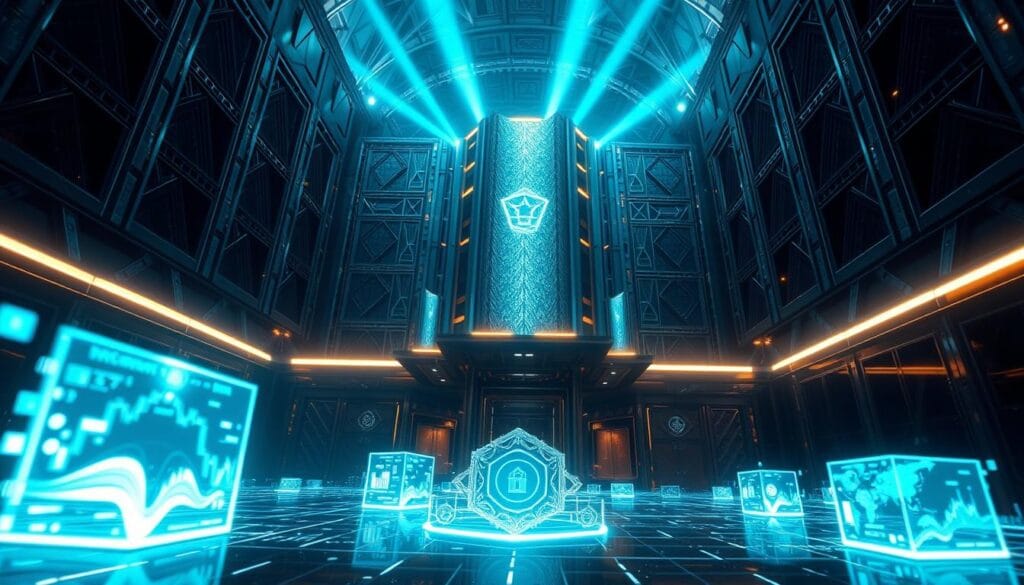 A secure digital fortress stands tall, its sleek, modern architecture radiating an aura of technological prowess. Gleaming metallic surfaces and intricate geometric patterns hint at the advanced encryption protocols and robust security measures that safeguard the exchange's digital assets. Beams of blue-hued light pierce the darkness, casting an ethereal glow and suggesting the cutting-edge cryptographic algorithms at work. In the foreground, a trio of holographic representations flicker with data visualizations, conveying the exchange's commitment to transparency and real-time monitoring. The overall scene evokes a sense of confidence, reliability, and unwavering protection, befitting a leading cryptocurrency platform.