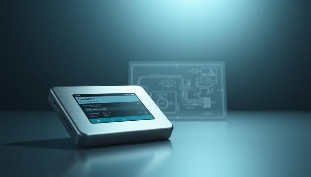 A secure hardware wallet resting on a sleek, minimalist surface, the brushed aluminum casing gleaming under a soft, directional studio light. In the foreground, the wallet's display shows a detailed transaction screen, meticulously demonstrating the device's non-custodial control over digital assets. The middle ground features a stylized blueprint or technical schematic, highlighting the wallet's robust security architecture. The background subtly blends gradients of blues and grays, evoking a sense of digital trust and technological prowess. The overall composition conveys the wallet's role as a trusted guardian of cryptocurrency, its sturdy design and user-centric interface reassuring the viewer of its ability to protect valuable digital holdings. A secure hardware wallet resting on a sleek, minimalist surface, the brushed aluminum casing gleaming under a soft, directional studio light. In the foreground, the wallet's display shows a detailed transaction screen, meticulously demonstrating the device's non-custodial control over digital assets. The middle ground features a stylized blueprint or technical schematic, highlighting the wallet's robust security architecture. The background subtly blends gradients of blues and grays, evoking a sense of digital trust and technological prowess. The overall composition conveys the wallet's role as a trusted guardian of cryptocurrency, its sturdy design and user-centric interface reassuring the viewer of its ability to protect valuable digital holdings.