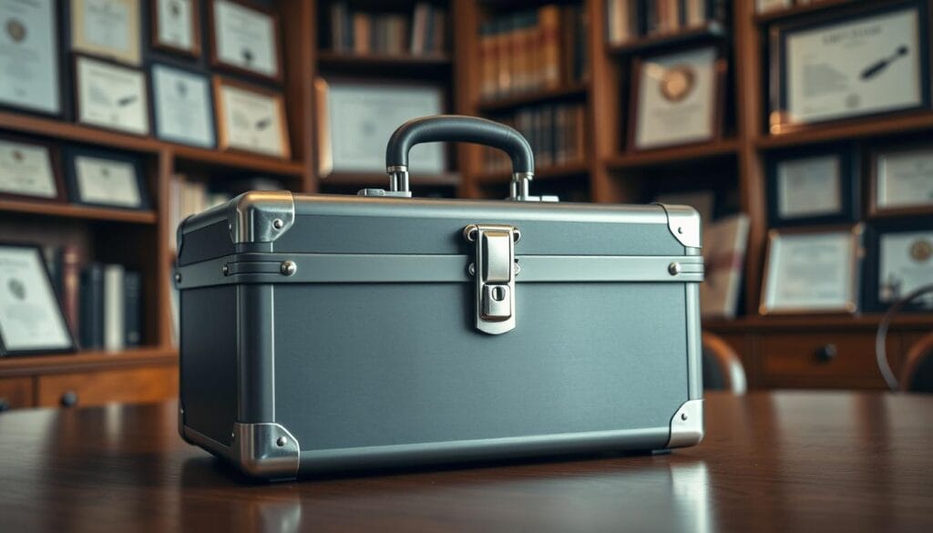 A secure metal briefcase rests on a polished oak desk, its combination lock glinting in the soft, warm lighting. In the background, a wall of bookshelves and framed certificates suggest an air of professionalism and trustworthiness. The scene conveys a sense of security, reliability, and the careful management of personal finances. The composition is balanced, with the briefcase as the central focal point, surrounded by subtle details that reinforce the concept of a "secured loan." A secure metal briefcase rests on a polished oak desk, its combination lock glinting in the soft, warm lighting. In the background, a wall of bookshelves and framed certificates suggest an air of professionalism and trustworthiness. The scene conveys a sense of security, reliability, and the careful management of personal finances. The composition is balanced, with the briefcase as the central focal point, surrounded by subtle details that reinforce the concept of a "secured loan."