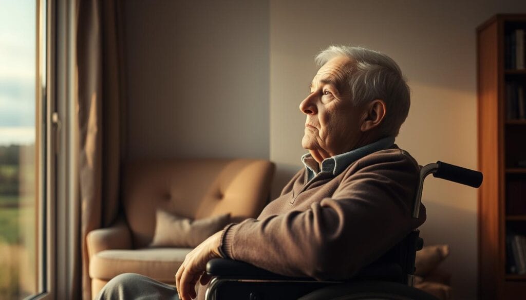 A senior person sitting in a wheelchair, looking pensively out a window with a view of a scenic countryside. The lighting is soft and warm, creating a contemplative atmosphere. The background is a cozy, home-like interior with a plush armchair and a bookshelf. The subject's face expresses a mix of reflection and apprehension, hinting at the challenges and uncertainties of needing long-term care. The composition emphasizes the solitude and introspection of the moment, while suggesting the importance of preparing for potential future care needs.