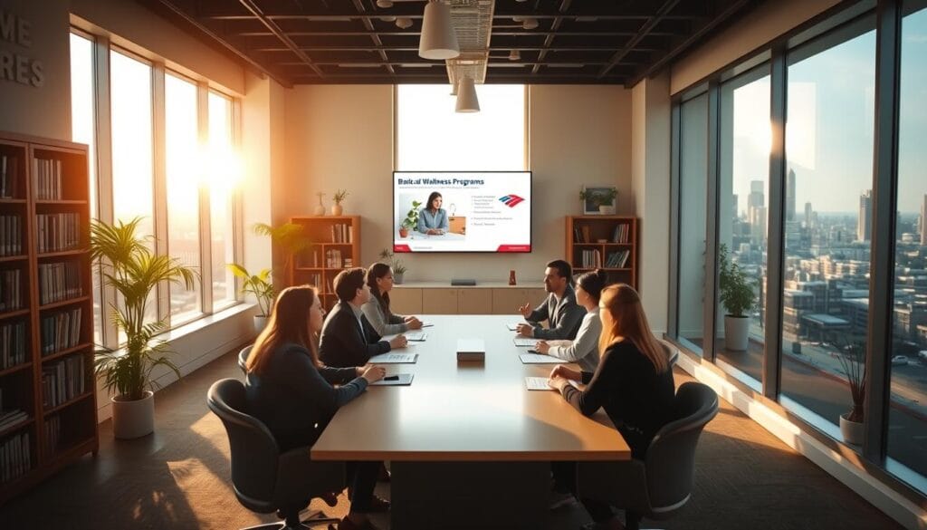 A serene and inviting office environment showcasing Bank of America's financial wellness programs. A large window in the foreground provides natural lighting, casting a warm glow over a group of employees gathered around a conference table, engaged in a collaborative discussion. In the middle ground, a display screen presents visual aids, while bookcases and potted plants create a sense of professionalism and care. The background features a city skyline, hinting at the broader reach and impact of these programs. The overall atmosphere conveys a sense of empowerment, education, and a commitment to improving financial well-being.