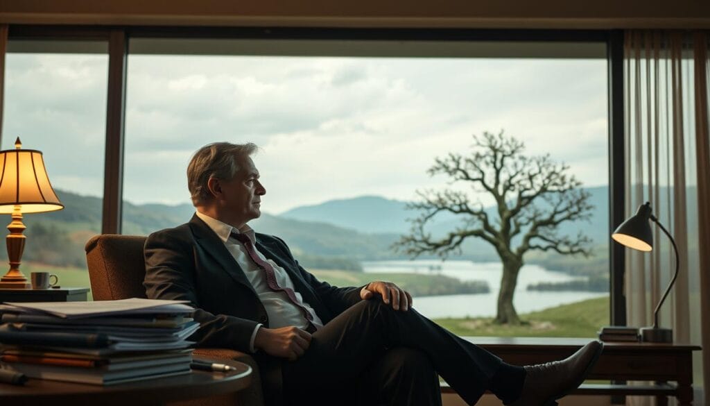 A serene and inviting scene showcasing the benefits of trust funds. In the foreground, a well-dressed individual sits comfortably, surrounded by symbols of financial security and legacy preservation - a stack of documents, a pen, and a warm glow from a desk lamp. The middle ground features a graceful family tree, its branches reaching upwards, representing the intergenerational wealth transfer enabled by trust funds. In the background, a landscape of rolling hills and a tranquil lake evokes a sense of stability and longevity. The overall mood is one of confidence, foresight, and the enduring value of thoughtful financial planning.