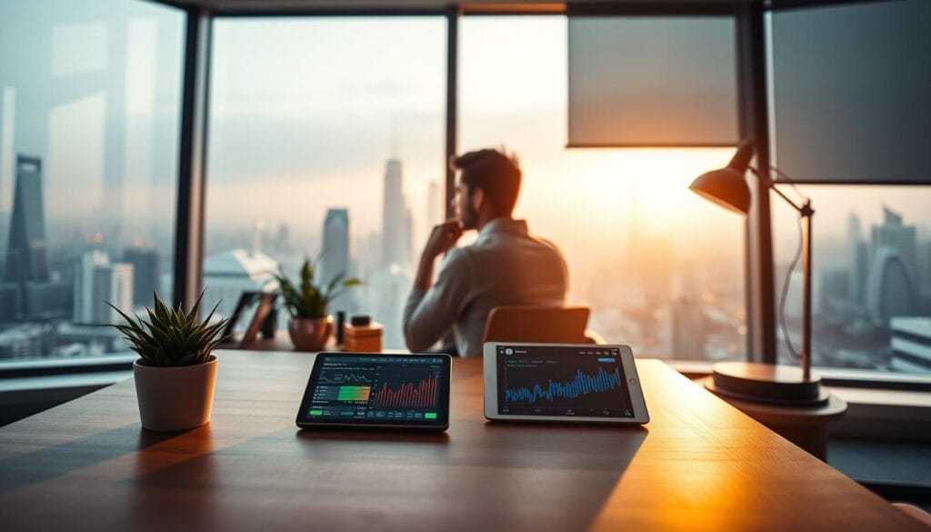 A serene and modern office setting, with a large panoramic window overlooking a bustling cityscape. On a minimalist wooden desk, a smartphone and a tablet display financial apps, with colorful graphs and charts. A potted plant and a stylish desk lamp add a touch of warmth to the scene. The lighting is soft and natural, creating a tranquil atmosphere. In the middle ground, a person is seated, deep in thought, contemplating investment strategies. In the background, the city skyline glimmers with the promise of growth and prosperity, reflecting the sense of financial security and opportunity.
