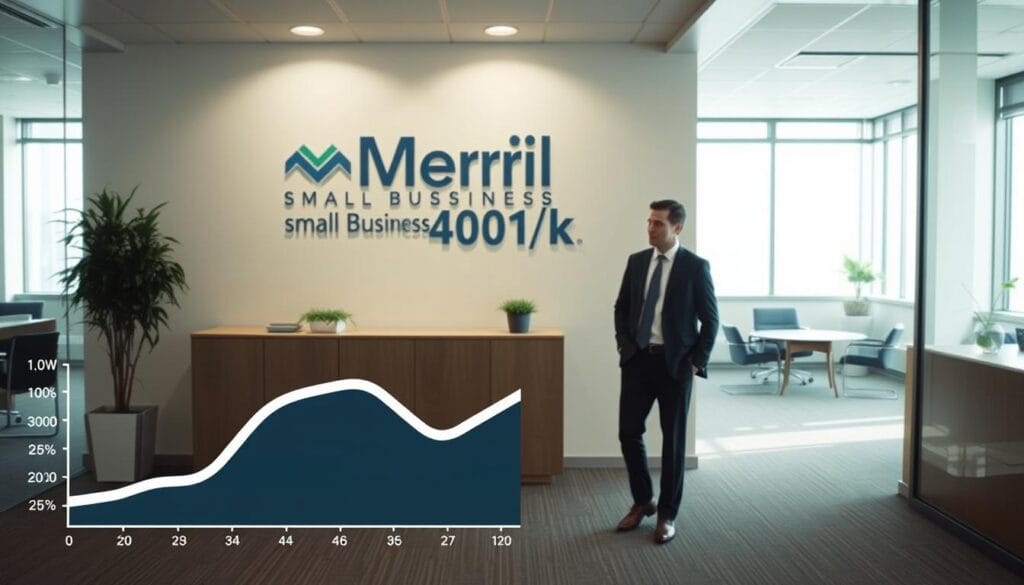A serene and professional-looking office interior, filled with natural light and showcasing the Merrill Small Business 401(k) logo prominently displayed on the wall. In the foreground, a stylized graph or chart illustrates the low fees and expert management that characterize this retirement plan. The middle ground features a couple of smartly-dressed individuals engaged in a thoughtful discussion, conveying the personalized guidance and support offered to small business owners. The background depicts a modern, minimalist decor with clean lines and neutral tones, creating an atmosphere of trust, reliability, and financial expertise.
