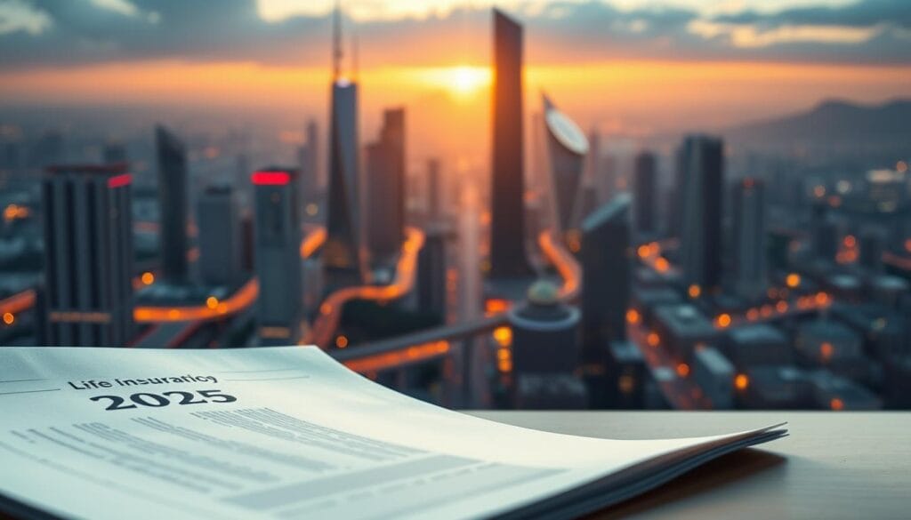 A serene and secure future in 2025, where financial protection takes center stage. In the foreground, a striking, minimalist representation of a life insurance policy, its pages unfurled, symbolizing the safeguarding of one's financial well-being. The middle ground showcases a vibrant, futuristic cityscape, with towering skyscrapers and advanced infrastructure, reflecting the dynamic and evolving landscape of the financial sector. In the background, a softly glowing horizon, bathed in warm, golden tones, conveys a sense of hope and stability. The lighting is soft and diffused, creating a sense of tranquility and reassurance. The overall composition evokes a feeling of confidence and preparedness, as individuals and families navigate the financial complexities of the year 2025. A serene and secure future in 2025, where financial protection takes center stage. In the foreground, a striking, minimalist representation of a life insurance policy, its pages unfurled, symbolizing the safeguarding of one's financial well-being. The middle ground showcases a vibrant, futuristic cityscape, with towering skyscrapers and advanced infrastructure, reflecting the dynamic and evolving landscape of the financial sector. In the background, a softly glowing horizon, bathed in warm, golden tones, conveys a sense of hope and stability. The lighting is soft and diffused, creating a sense of tranquility and reassurance. The overall composition evokes a feeling of confidence and preparedness, as individuals and families navigate the financial complexities of the year 2025.