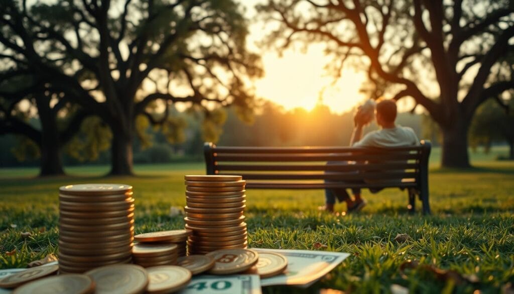 A serene and tranquil scene showcasing retirement savings. In the foreground, a stack of gold coins and bills symbolizing a well-funded 401(k) account. In the middle ground, a person sitting on a park bench, gazing contentedly at the horizon, representing the financial security and peace of mind that comes with proper retirement planning. The background features a lush, verdant landscape with towering oak trees, bathed in the warm glow of a setting sun, conveying a sense of calm and prosperity. The lighting is soft and diffused, creating a welcoming and inviting atmosphere. Captured with a wide-angle lens to encompass the entirety of the scene, this image conveys the importance of diligent 401(k) contributions for a secure and fulfilling retirement.