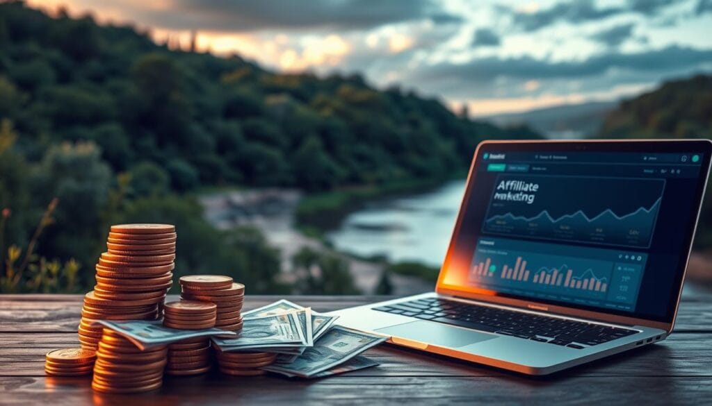 A serene and tranquil scene, with a lush, verdant landscape as the backdrop. In the foreground, a stack of golden coins and bank notes, symbolizing passive income from dividends. Beside it, a laptop with affiliate marketing analytics displayed on the screen, illuminated by soft, warm lighting. In the middle ground, a peaceful river winds through the scene, its gentle currents reflecting the sky above. The overall atmosphere is one of financial security and abundance, inviting the viewer to imagine the possibilities of passive income streams. A serene and tranquil scene, with a lush, verdant landscape as the backdrop. In the foreground, a stack of golden coins and bank notes, symbolizing passive income from dividends. Beside it, a laptop with affiliate marketing analytics displayed on the screen, illuminated by soft, warm lighting. In the middle ground, a peaceful river winds through the scene, its gentle currents reflecting the sky above. The overall atmosphere is one of financial security and abundance, inviting the viewer to imagine the possibilities of passive income streams.