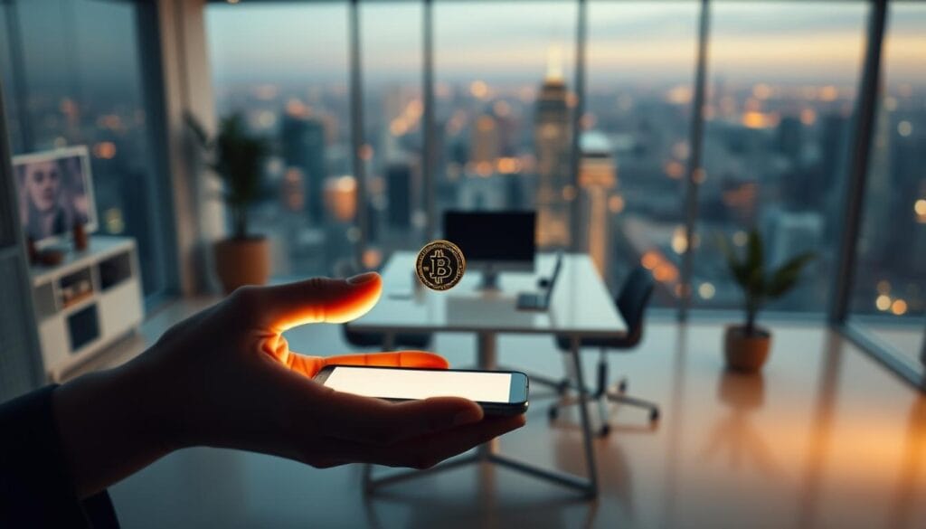 A serene and tranquil setting, showcasing the act of gifting cryptocurrency. In the foreground, a pair of hands gently passing a digital token, the screen of a mobile device illuminating their faces with a soft, warm glow. In the middle ground, a sleek and modern workspace, with clean lines and minimalist decor, symbolizing the efficient and streamlined nature of cryptocurrency transactions. The background is a blurred, yet vibrant cityscape, hinting at the global reach and interconnectedness of the digital asset landscape. The overall mood is one of trust, simplicity, and the joy of sharing wealth in a tax-free manner.