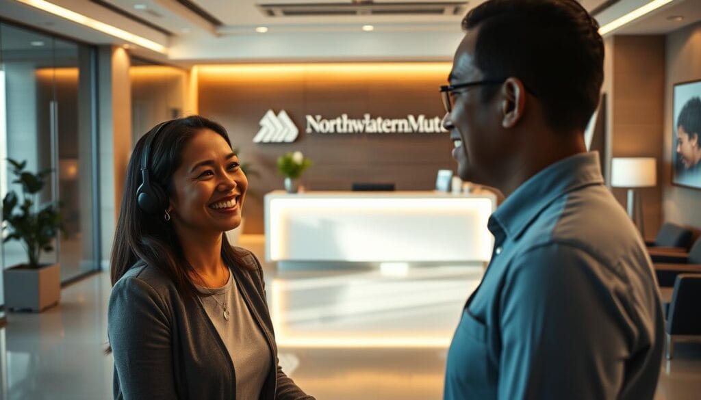 A serene and welcoming office setting, bathed in warm, diffused lighting. In the foreground, a smiling customer service representative engages with a client, their body language conveying empathy and professionalism. The middle ground features a sleek, modern reception area with comfortable seating and a minimalist aesthetic. In the background, the Northwestern Mutual logo is prominently displayed, subtly reinforcing the brand's commitment to exceptional customer experience. The overall atmosphere exudes a sense of trust, reliability, and personalized attention, reflecting the core values of the company. A serene and welcoming office setting, bathed in warm, diffused lighting. In the foreground, a smiling customer service representative engages with a client, their body language conveying empathy and professionalism. The middle ground features a sleek, modern reception area with comfortable seating and a minimalist aesthetic. In the background, the Northwestern Mutual logo is prominently displayed, subtly reinforcing the brand's commitment to exceptional customer experience. The overall atmosphere exudes a sense of trust, reliability, and personalized attention, reflecting the core values of the company.