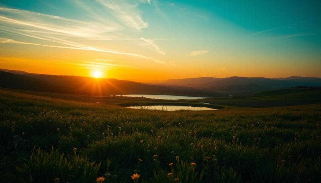 A serene, beautifully-lit landscape showcasing the principles of sustainable investing. In the foreground, a lush, verdant meadow dotted with wildflowers. In the middle ground, a tranquil pond reflecting the sky above. In the background, rolling hills and a vibrant sunset sky, casting a warm, golden glow over the scene. The overall atmosphere conveys a sense of harmony, balance, and responsible stewardship of natural resources. The image should inspire a feeling of hope and optimism for a sustainable future.