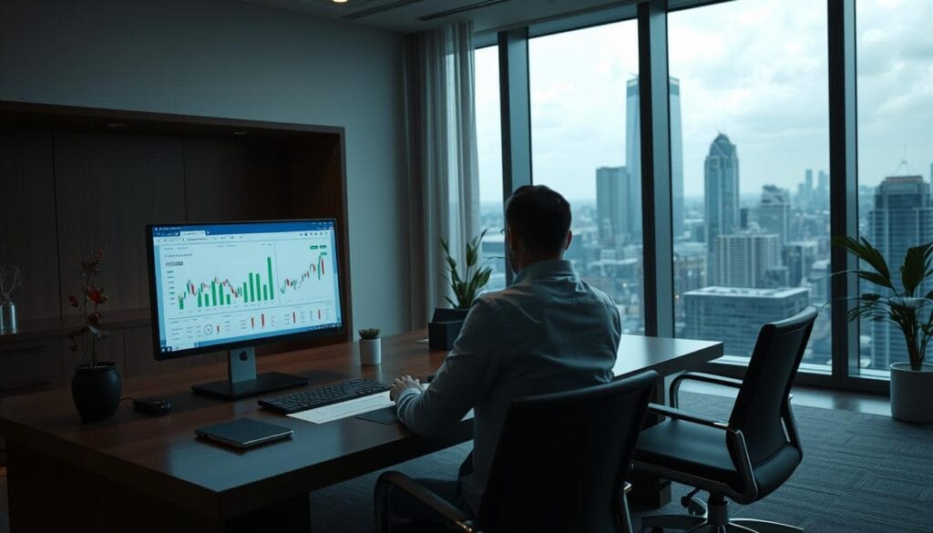 A serene, elegant office setting with an expansive desk, adorned with sleek computer monitors, highlighting a portfolio management dashboard. Soft, directional lighting illuminates the space, casting subtle shadows that convey a sense of professionalism and expertise. In the foreground, a financial advisor gestures towards the screen, discussing asset allocation strategies with a client. The background features floor-to-ceiling windows overlooking a bustling cityscape, symbolizing the broad perspective and far-reaching impact of these portfolio management techniques. The overall atmosphere exudes a balance of technology, analytics, and personalized guidance - the hallmarks of a modern, AI-powered robo-advisory service.