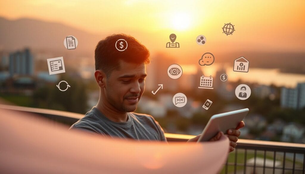A serene financial oasis, backlit by the warm glow of a sunset. In the foreground, a person thoughtfully reviews their financial plans on a sleek tablet device, their expression one of calm focus. In the middle ground, various financial symbols and icons hover gently, representing the key strategies of goal-based savings - budgeting, investment, and debt management. The background is a softly blurred cityscape, conveying a sense of prosperity and progress. The lighting is soft and inviting, creating a sense of tranquility and control over one's financial future. Captured with a wide-angle lens to emphasize the interconnectedness of the elements.