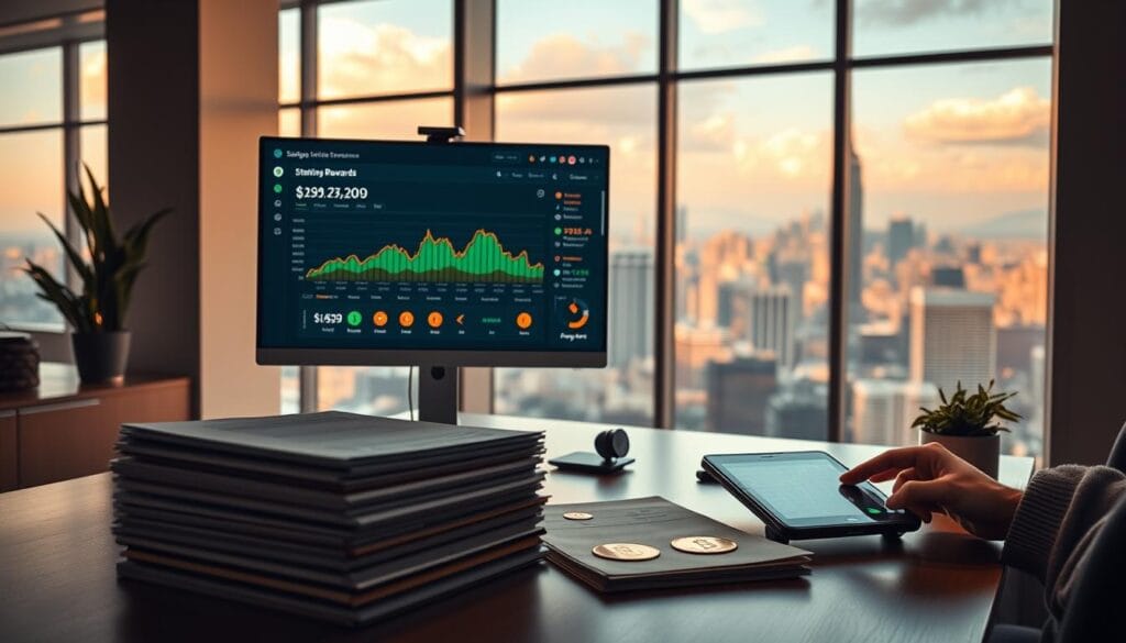 A serene financial tableau set in a modern office. In the foreground, a desktop computer displays a cryptocurrency staking dashboard, showing staking rewards accruing over time. The middle ground features a stack of crypto ledgers and a hand-held device tracking real-time market fluctuations. In the background, a panoramic window overlooks a bustling city skyline, conveying a sense of digital-era prosperity. Warm, ambient lighting bathes the scene, creating a contemplative mood as the viewer ponders the tax implications of this emerging income stream. The composition emphasizes the harmony between technology, finance, and urban progress.