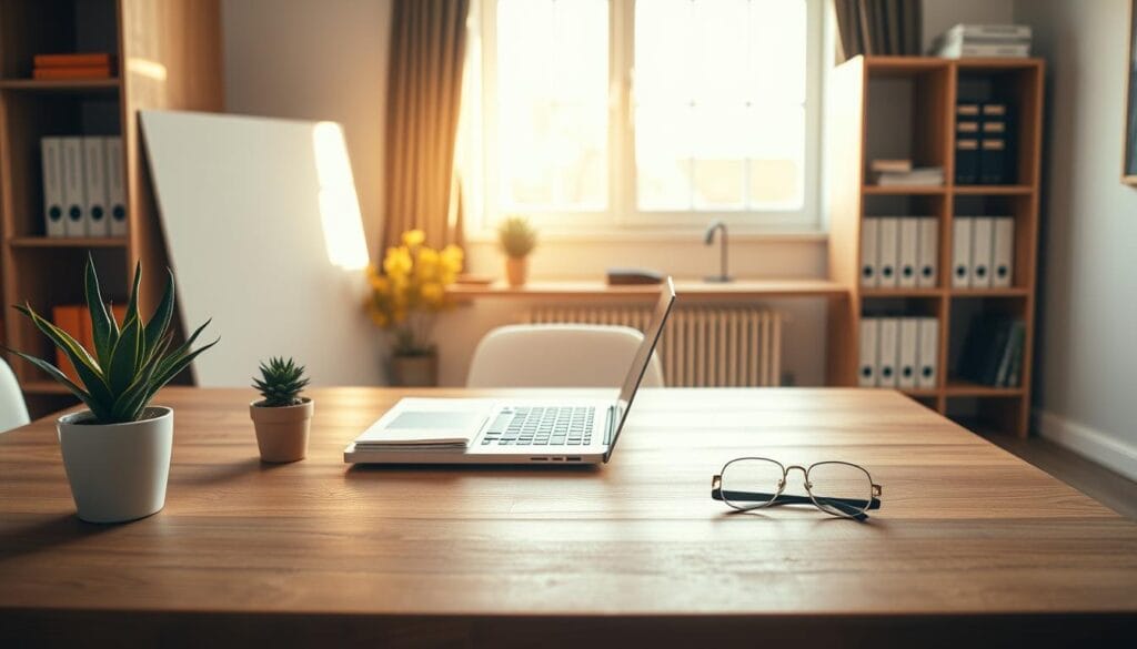 A serene, minimalist office setting featuring a wooden desk with a laptop, a succulent plant, and a pair of reading glasses. In the background, a bookshelf showcases financial planning materials, while a large window bathed in warm, natural light dominates the scene. The composition emphasizes the key considerations for retirement planning, with a sense of organization, focus, and tranquility. The overall mood is one of thoughtful contemplation and financial preparedness.