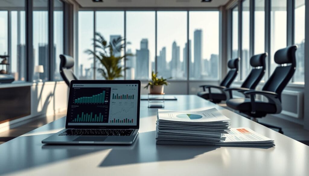 A serene, minimalist office setting with natural lighting filtering through large windows. In the foreground, a sleek, modern desk showcases a variety of risk management tools: a risk analysis dashboard on a laptop, a stack of financial reports, and a risk assessment matrix. The middle ground features comfortable ergonomic chairs and a potted plant, creating a calming, professional atmosphere. The background depicts a cityscape with skyscrapers, symbolizing the high-stakes world of commodity trading. The overall tone is one of analytical focus, technological sophistication, and a commitment to prudent risk management. A serene, minimalist office setting with natural lighting filtering through large windows. In the foreground, a sleek, modern desk showcases a variety of risk management tools: a risk analysis dashboard on a laptop, a stack of financial reports, and a risk assessment matrix. The middle ground features comfortable ergonomic chairs and a potted plant, creating a calming, professional atmosphere. The background depicts a cityscape with skyscrapers, symbolizing the high-stakes world of commodity trading. The overall tone is one of analytical focus, technological sophistication, and a commitment to prudent risk management.