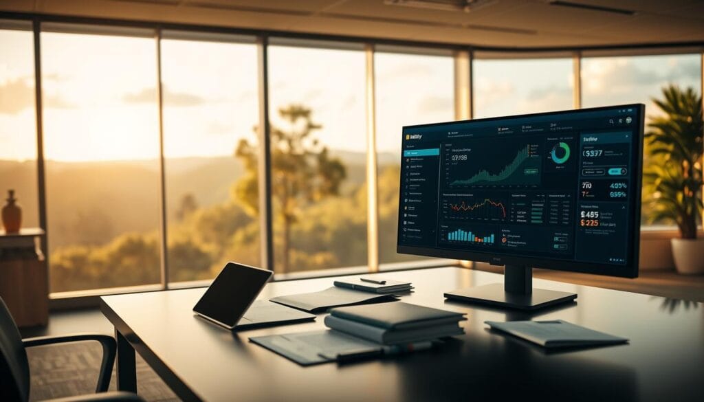 A serene office scene showcasing Fidelity's comprehensive financial tools. In the foreground, a set of sleek, modern investment management interface displayed on a high-resolution monitor. In the middle ground, a well-organized desk with a tablet, smartphone, and carefully arranged documents. The background features a panoramic window offering a soothing view of a lush, natural landscape, bathed in warm, golden lighting. The overall atmosphere conveys a sense of professionalism, efficiency, and calm - an ideal environment for planning one's financial future with Fidelity's cutting-edge digital solutions.