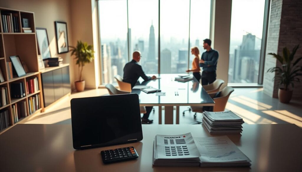 A serene office setting bathed in warm, natural lighting. In the foreground, a sleek, modern desk with a laptop, calculator, and a stack of financial documents. Behind it, a bookshelf filled with accounting tomes and a framed certificate hanging on the wall, conveying an air of professionalism. In the middle ground, a group of colleagues collaborating around a conference table, discussing budget projections displayed on a large screen. The background features a panoramic window overlooking a bustling city skyline, symbolizing the scale and scope of mid-market financial solutions. A serene office setting bathed in warm, natural lighting. In the foreground, a sleek, modern desk with a laptop, calculator, and a stack of financial documents. Behind it, a bookshelf filled with accounting tomes and a framed certificate hanging on the wall, conveying an air of professionalism. In the middle ground, a group of colleagues collaborating around a conference table, discussing budget projections displayed on a large screen. The background features a panoramic window overlooking a bustling city skyline, symbolizing the scale and scope of mid-market financial solutions.