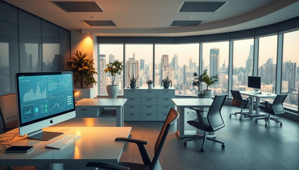 A serene office workspace with sleek desks and ergonomic chairs. In the foreground, a desktop computer displays elegant data visualizations and secure authentication measures. Warm, directional lighting casts a soft glow, creating an atmosphere of professionalism and digital trust. The middle ground features a filing cabinet and potted plants, symbolizing the secure storage and protection of sensitive financial information. In the background, a panoramic window overlooks a bustling city skyline, conveying the importance of data privacy in the modern finance industry. A serene office workspace with sleek desks and ergonomic chairs. In the foreground, a desktop computer displays elegant data visualizations and secure authentication measures. Warm, directional lighting casts a soft glow, creating an atmosphere of professionalism and digital trust. The middle ground features a filing cabinet and potted plants, symbolizing the secure storage and protection of sensitive financial information. In the background, a panoramic window overlooks a bustling city skyline, conveying the importance of data privacy in the modern finance industry.