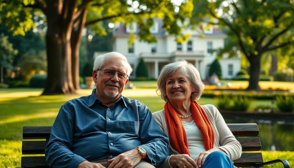 A serene retirement income planning scene with a retiree couple relaxing on a park bench, surrounded by lush greenery and a tranquil pond. Soft, diffused lighting filters through the trees, casting a warm glow on their faces. In the background, a stately mansion with a grand facade represents their secure financial future. The couple's expressions convey a sense of contentment and fulfillment, reflecting the importance of Social Security benefits in their overall retirement strategy. The composition balances the human element with the architectural and natural elements, creating a visually compelling and emotionally resonant image. A serene retirement income planning scene with a retiree couple relaxing on a park bench, surrounded by lush greenery and a tranquil pond. Soft, diffused lighting filters through the trees, casting a warm glow on their faces. In the background, a stately mansion with a grand facade represents their secure financial future. The couple's expressions convey a sense of contentment and fulfillment, reflecting the importance of Social Security benefits in their overall retirement strategy. The composition balances the human element with the architectural and natural elements, creating a visually compelling and emotionally resonant image.