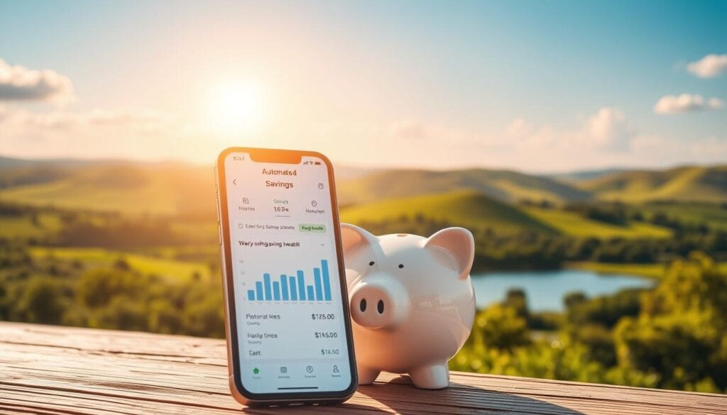 A serene, sun-drenched tableau of an automated savings process. In the foreground, a smartphone screen displays a clean, intuitive interface with easy-to-read charts and graphs tracking a person's growing savings balance. The middle ground features a stylized piggy bank, its ceramic surface gleaming, symbolizing the accumulation of wealth through consistent, hassle-free contributions. In the background, a lush, verdant landscape with rolling hills and a tranquil lake, suggesting the financial security and peace of mind enabled by the automated savings app. The scene is bathed in a warm, golden light, creating a sense of optimism and prosperity. The overall composition conveys the transformative power of technology in empowering individuals to effortlessly build their financial future.