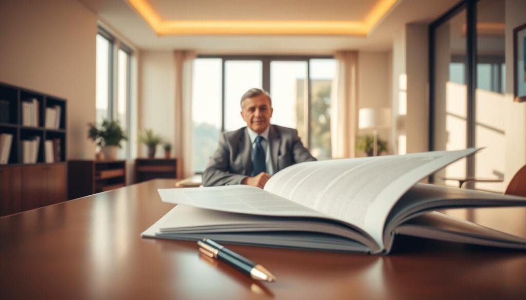 A serene, warm-toned office setting with a modern, minimalist aesthetic. In the foreground, a desk showcases an open brochure and pen, subtly hinting at the process of researching and selecting life insurance. The middle ground features a distinguished, middle-aged person sitting comfortably, exuding an aura of trust and professionalism. The background depicts floor-to-ceiling windows, allowing natural light to flood the space and create a sense of openness and transparency. The overall atmosphere conveys a feeling of security, reliability, and the assurance of a guaranteed life insurance policy. A serene, warm-toned office setting with a modern, minimalist aesthetic. In the foreground, a desk showcases an open brochure and pen, subtly hinting at the process of researching and selecting life insurance. The middle ground features a distinguished, middle-aged person sitting comfortably, exuding an aura of trust and professionalism. The background depicts floor-to-ceiling windows, allowing natural light to flood the space and create a sense of openness and transparency. The overall atmosphere conveys a feeling of security, reliability, and the assurance of a guaranteed life insurance policy.