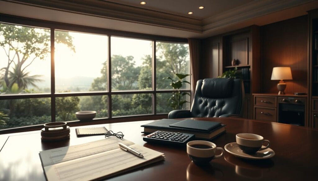 A serene, well-appointed office space with a large mahogany desk, a plush leather chair, and a panoramic window overlooking a lush, tranquil garden. Soft, indirect lighting creates a warm, inviting atmosphere. On the desk, an open ledger, a calculator, and a cup of coffee, symbolizing the meticulous, income-focused approach to financial planning. The overall scene conveys a sense of quiet professionalism and attention to detail, reflecting the "Income-Centric Approach" to securing one's financial future.