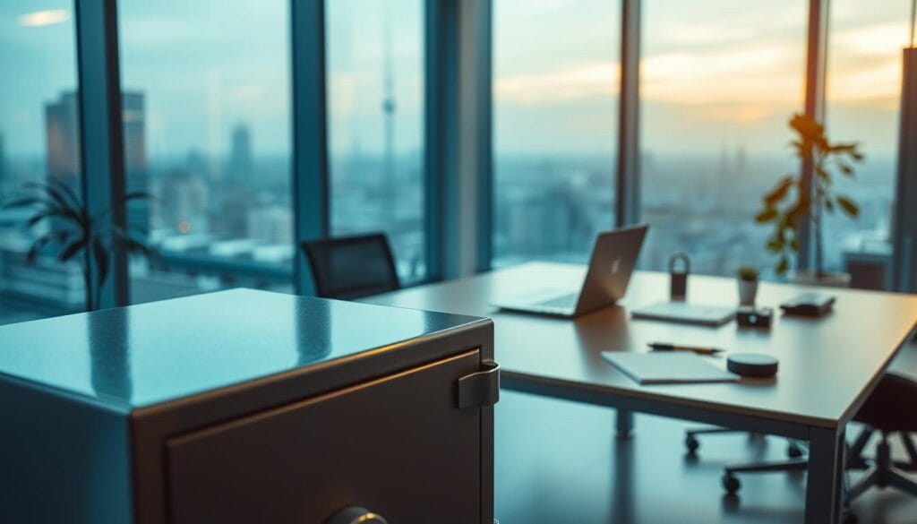A serene, well-lit office environment with a focus on security and safety. In the foreground, a sturdy, modern safe anchors the composition, its sleek metal surface gleaming under soft, diffused lighting. In the middle ground, a desk with a laptop, notepads, and a secure authentication device exude a sense of professionalism and attention to detail. The background features floor-to-ceiling windows, letting in natural light and offering a calming, urban landscape view, symbolizing the transparency and reliability of the micro-investing platform. The overall mood is one of confidence, control, and a unwavering commitment to protecting the user's financial wellbeing. A serene, well-lit office environment with a focus on security and safety. In the foreground, a sturdy, modern safe anchors the composition, its sleek metal surface gleaming under soft, diffused lighting. In the middle ground, a desk with a laptop, notepads, and a secure authentication device exude a sense of professionalism and attention to detail. The background features floor-to-ceiling windows, letting in natural light and offering a calming, urban landscape view, symbolizing the transparency and reliability of the micro-investing platform. The overall mood is one of confidence, control, and a unwavering commitment to protecting the user's financial wellbeing.