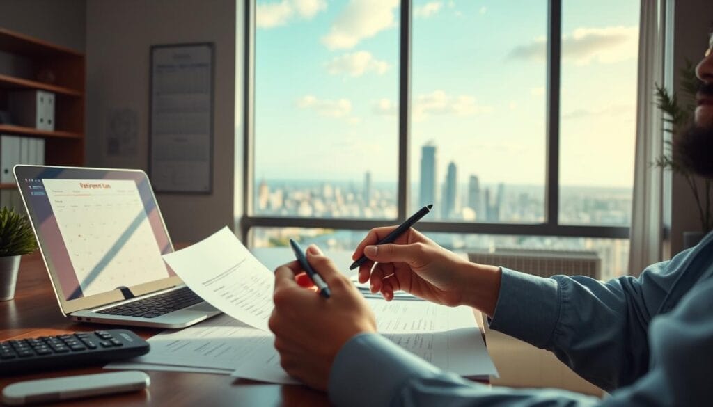 A serene, well-lit office scene with a desk displaying a laptop, calculator, and financial documents. In the foreground, a pair of hands holding a pen, preparing to map out a detailed retirement plan. The middle ground features a wall calendar highlighting important financial deadlines, while the background showcases a large window overlooking a picturesque cityscape, conveying a sense of future prosperity. The overall mood is one of focused determination, with a touch of optimism for achieving long-term financial goals.