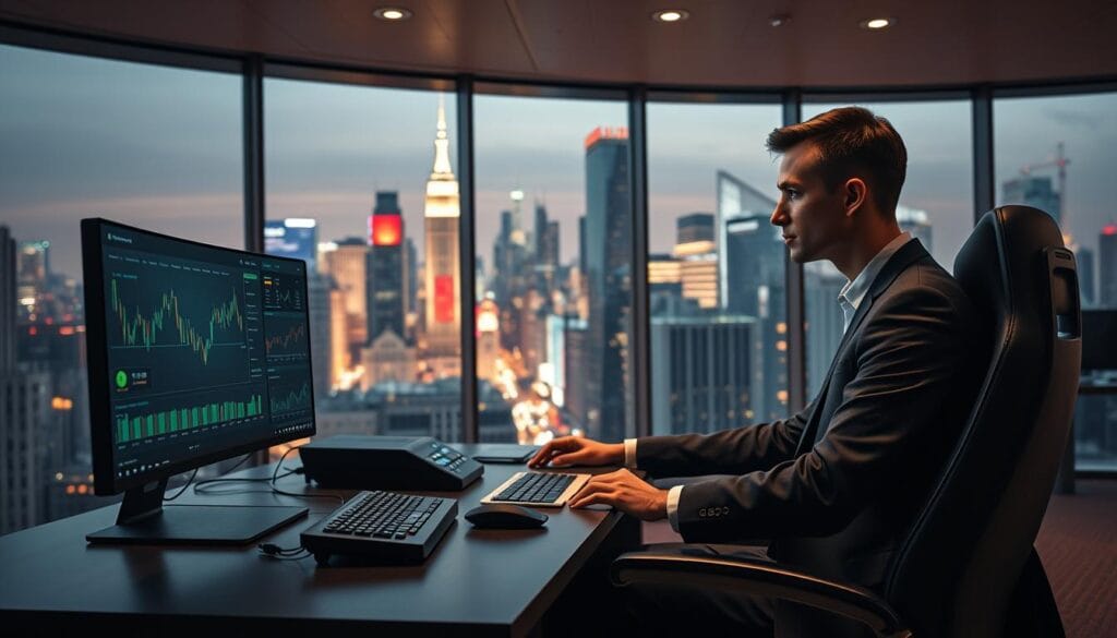 A serene, well-lit office setting, with a large panoramic window overlooking a bustling financial district. In the foreground, a sleek, modern desk with a powerful computer setup, its screens displaying vibrant visualizations and data charts. Beside it, an array of futuristic trading devices, conveying the advanced technology powering the AI trading system. The middle ground features a thoughtful professional, dressed in a sharp suit, studying the data intently, their face illuminated by the glow of the displays. In the background, the cityscape is alive with the energy of the markets, skyscrapers and stock tickers creating a dynamic, forward-looking atmosphere. The lighting is warm and natural, emphasizing the efficiency and precision of this AI-driven trading environment.