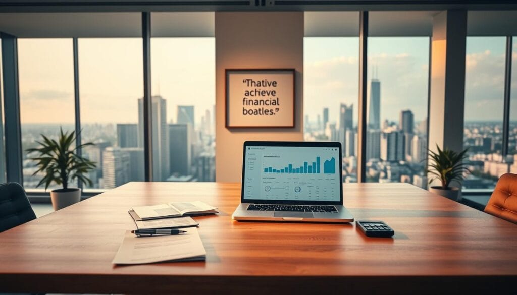 A serene, well-lit office setting with a large, wooden desk in the foreground. On the desk, an open laptop displaying a financial dashboard, surrounded by carefully organized documents, a pen, and a calculator. In the middle ground, a framed motivational quote about achieving financial goals hangs on the wall. The background features floor-to-ceiling windows overlooking a picturesque city skyline, bathed in soft, warm lighting, conveying a sense of progress and prosperity. The overall atmosphere is one of focus, organization, and a determined pursuit of financial objectives. A serene, well-lit office setting with a large, wooden desk in the foreground. On the desk, an open laptop displaying a financial dashboard, surrounded by carefully organized documents, a pen, and a calculator. In the middle ground, a framed motivational quote about achieving financial goals hangs on the wall. The background features floor-to-ceiling windows overlooking a picturesque city skyline, bathed in soft, warm lighting, conveying a sense of progress and prosperity. The overall atmosphere is one of focus, organization, and a determined pursuit of financial objectives.