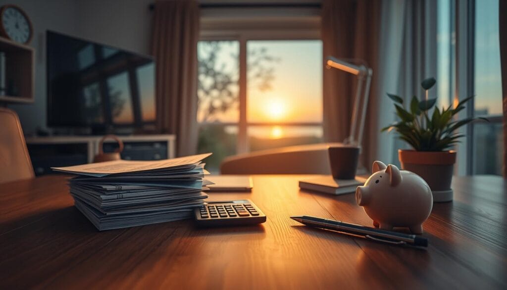 A serene workspace with a desk, computer, and retirement-themed accessories. Warm, directional lighting casts a cozy glow, highlighting a stack of financial documents, a piggy bank, and a potted plant. In the middle ground, a calculator and pen rest on a wood-grain surface, symbolizing the careful planning required for retirement savings. The background depicts a tranquil landscape through a window, suggesting the peaceful lifestyle that diligent retirement preparation can provide. An air of confidence and control pervades the scene, conveying the notion of mastering one's financial future.