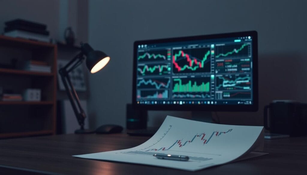 A serene yet focused atmosphere, a workspace with a computer screen displaying various trading graphs and analytics, a desk lamp illuminating the setup, and a hand-drawn sketch of a trading strategy on paper. The scene has a muted color palette, with a sense of concentration and analytical depth, conveying the essence of "Utilizing Backtesting and Analytics for AI Trading". A serene yet focused atmosphere, a workspace with a computer screen displaying various trading graphs and analytics, a desk lamp illuminating the setup, and a hand-drawn sketch of a trading strategy on paper. The scene has a muted color palette, with a sense of concentration and analytical depth, conveying the essence of "Utilizing Backtesting and Analytics for AI Trading".