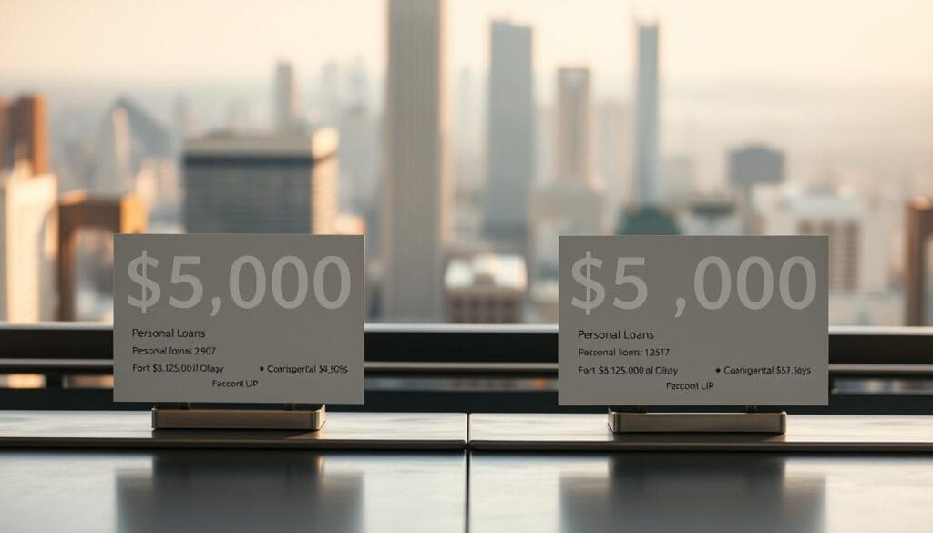 A side-by-side comparison of personal loan amounts ranging from $5,000 to $50,000, displayed on sleek metal surfaces with a muted, industrial aesthetic. A minimal, well-lit setup captures the details of each loan offer, showcasing their key information in a clean, organized manner. The background is a softly blurred cityscape, hinting at the broader financial landscape. The overall impression is one of clarity, precision, and an analytical approach to evaluating personal loan options. A side-by-side comparison of personal loan amounts ranging from $5,000 to $50,000, displayed on sleek metal surfaces with a muted, industrial aesthetic. A minimal, well-lit setup captures the details of each loan offer, showcasing their key information in a clean, organized manner. The background is a softly blurred cityscape, hinting at the broader financial landscape. The overall impression is one of clarity, precision, and an analytical approach to evaluating personal loan options.