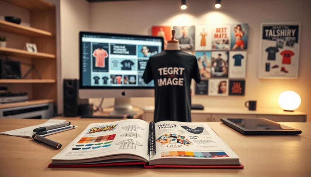 A sleek and modern design studio workspace with a desktop computer, stylus, and tablet. The foreground features an open notebook displaying various AI-generated t-shirt design sketches and color palettes. In the middle ground, a 3D model of a t-shirt rotates, showcasing different AI-generated graphic designs. The background has a large monitor displaying a text-to-image generation interface, with an inspirational mood board of fashion and apparel concepts. Subtle lighting from above casts a warm, professional atmosphere, captured with a wide-angle lens to convey the comprehensive AI t-shirt design workflow. A sleek and modern design studio workspace with a desktop computer, stylus, and tablet. The foreground features an open notebook displaying various AI-generated t-shirt design sketches and color palettes. In the middle ground, a 3D model of a t-shirt rotates, showcasing different AI-generated graphic designs. The background has a large monitor displaying a text-to-image generation interface, with an inspirational mood board of fashion and apparel concepts. Subtle lighting from above casts a warm, professional atmosphere, captured with a wide-angle lens to convey the comprehensive AI t-shirt design workflow.