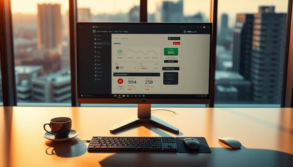 A sleek and modern desktop setup showcasing the H&R Block tax software interface. In the foreground, the app's intuitive dashboard is displayed on a high-resolution monitor, bathed in warm, directional lighting that casts subtle shadows. The middle ground features a stylish, minimalist workspace with a keyboard, mouse, and a cup of coffee, all arranged with visual harmony. In the background, a blurred cityscape can be seen through a large window, adding depth and a sense of place. The overall scene conveys professionalism, productivity, and the confidence that H&R Block can provide freelancers with a seamless tax filing experience. A sleek and modern desktop setup showcasing the H&R Block tax software interface. In the foreground, the app's intuitive dashboard is displayed on a high-resolution monitor, bathed in warm, directional lighting that casts subtle shadows. The middle ground features a stylish, minimalist workspace with a keyboard, mouse, and a cup of coffee, all arranged with visual harmony. In the background, a blurred cityscape can be seen through a large window, adding depth and a sense of place. The overall scene conveys professionalism, productivity, and the confidence that H&R Block can provide freelancers with a seamless tax filing experience.