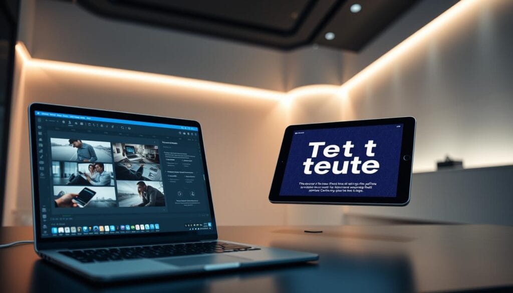 A sleek and modern digital workspace showcasing various text-to-image integration tools. In the foreground, a laptop screen displays a seamless workflow, with intuitive controls for image editing and text manipulation. In the middle ground, a stylized tablet hovers, its display revealing a visual representation of the text-to-image generation process. The background features a minimalist, yet high-tech environment, with clean lines and subtle lighting that accentuates the sophisticated technology. The overall atmosphere conveys a sense of efficiency, innovation, and the power of integrating text and image to produce impactful visual content.