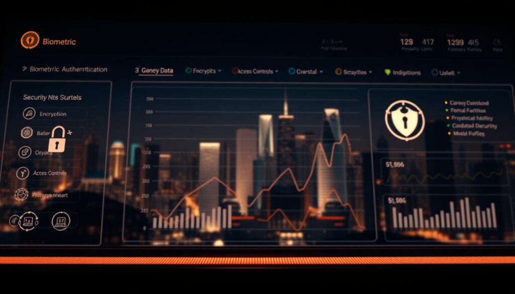 A sleek and modern financial data security dashboard, showcasing a range of security features. In the foreground, a series of icons representing biometric authentication, encryption, and access controls. In the middle ground, a series of line graphs and charts displaying security metrics and analytics. In the background, a stylized cityscape with skyscrapers, subtly hinting at the global scale and importance of financial data security. Illuminated by a warm, subtle lighting that casts a professional, authoritative tone. Captured from a slightly elevated angle to emphasize the comprehensive nature of the security features. A sleek and modern financial data security dashboard, showcasing a range of security features. In the foreground, a series of icons representing biometric authentication, encryption, and access controls. In the middle ground, a series of line graphs and charts displaying security metrics and analytics. In the background, a stylized cityscape with skyscrapers, subtly hinting at the global scale and importance of financial data security. Illuminated by a warm, subtle lighting that casts a professional, authoritative tone. Captured from a slightly elevated angle to emphasize the comprehensive nature of the security features.